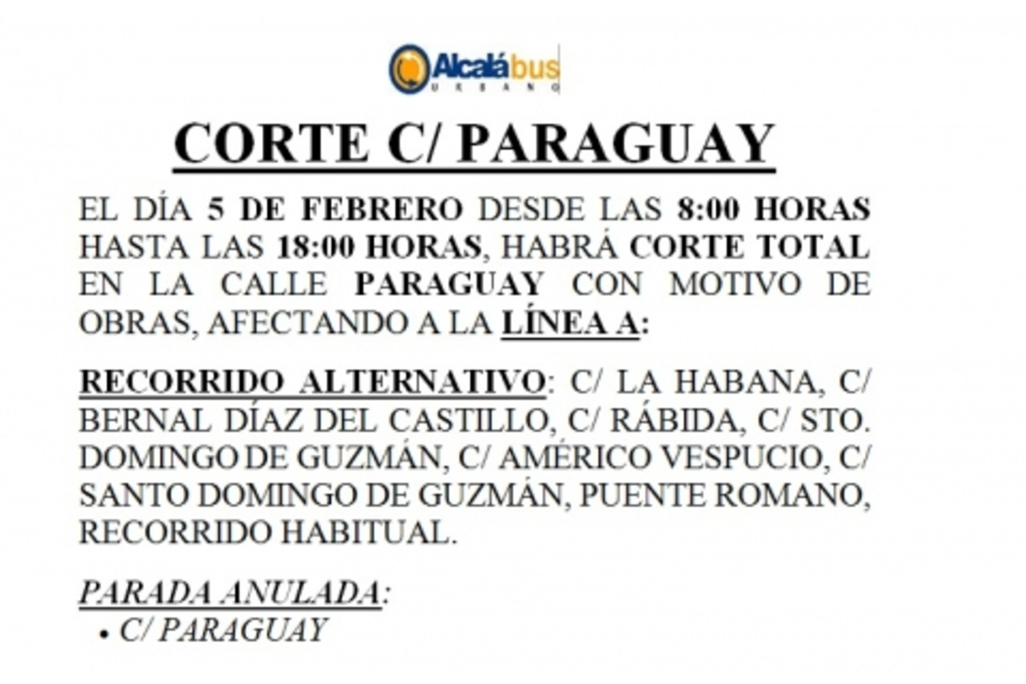 CORTE DE TRÁFICO EL LUNES 5 DE FEBRERO EN LA CALLE PARAGUAY